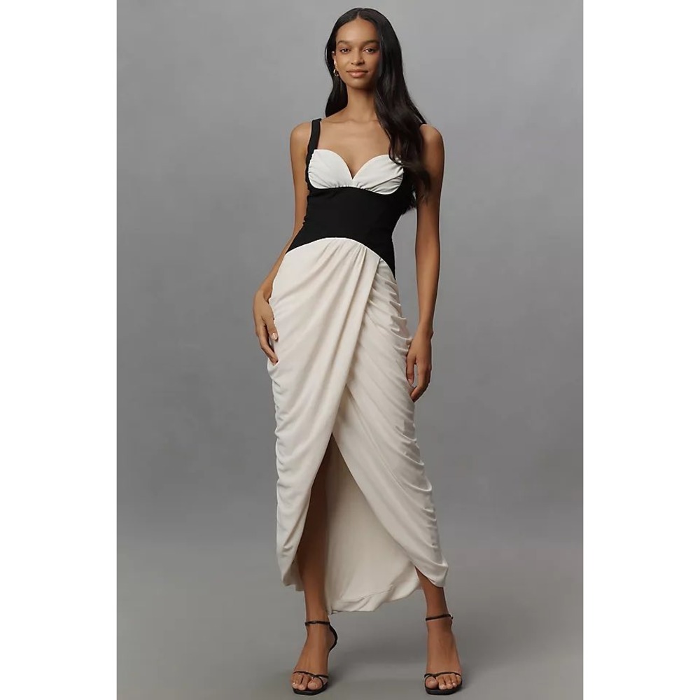 Maeve Dress Women XL Black Cream Colorblock Draped Maxi Sweetheart Neckline